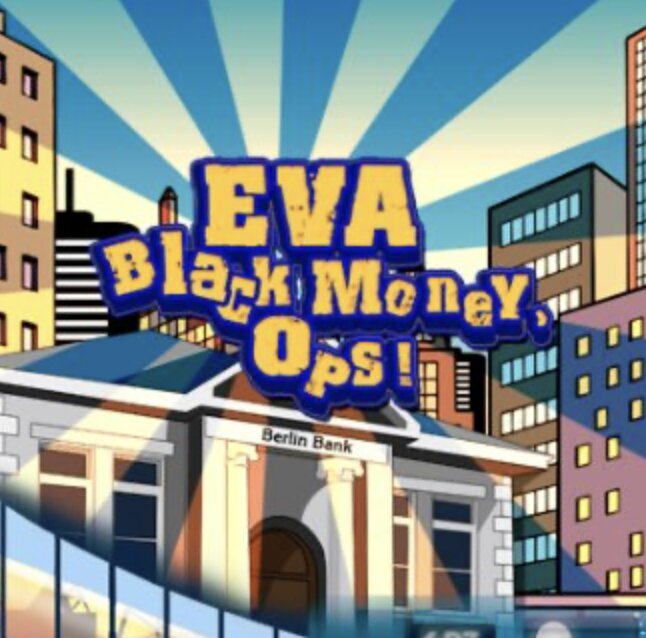 Eva Black Money game artwork showing a cartoon city skyline and Berlin Bank